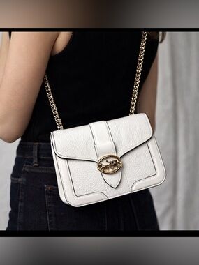Coach White Pebbled Leather Crossbody with Gold Chain